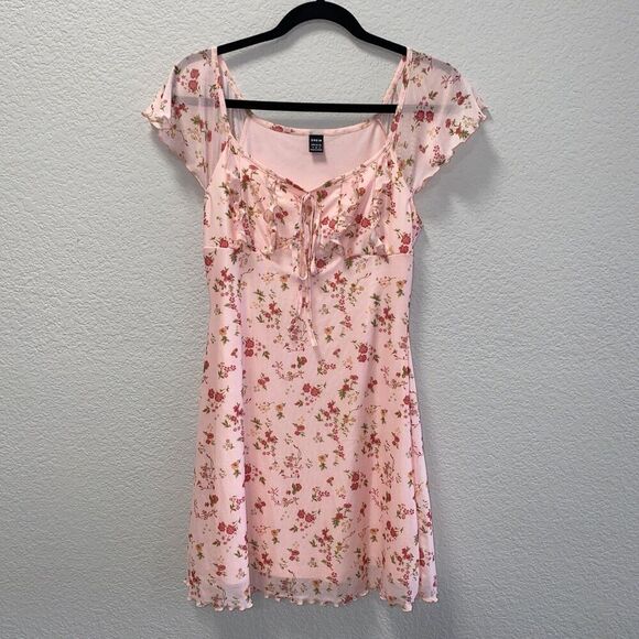 Shein Y2K 90's Babydoll Pink Floral Mini Dress Small (4) Stretchy - Picture 5 of 10